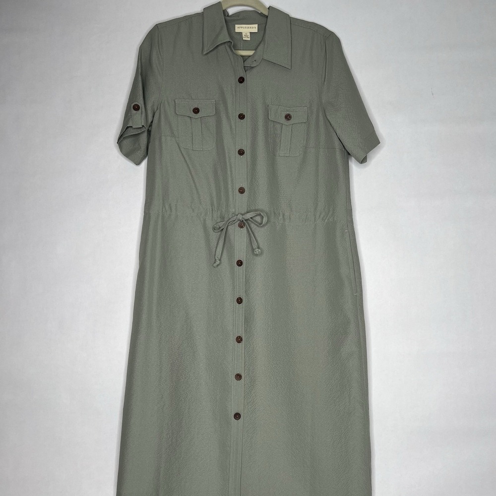 Appleseed's Short Sleeve Button Front Maxi Dress Size 12 Beige Taupe Drawstring